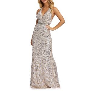 Mac Duggal Crystal Nude Sequined Cheetah Spot Formal Halter Gown Size 6